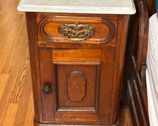1863 Honeymoon Bedroom suite including bed with seven foot headboard, night stand with marble top, and vanity with mirror with marble tops.  Beautiful details and maple burl feature panels.  Continuously held in Wadsworth family, used through today. 