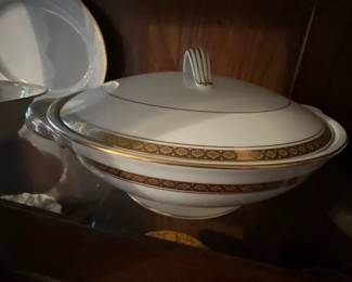 Gold-rimmed china serving dish