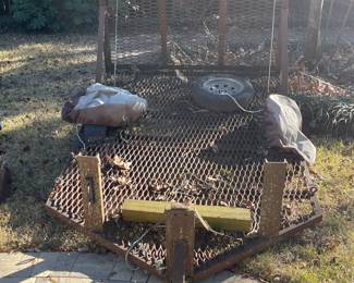 Trailer w/ dual motorcycle braces, drive on ramp and tire covers (has 1 bad tire but may hold air for short trip), presale $550