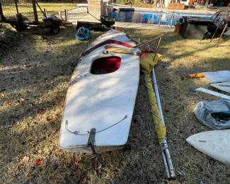 Sunfish sail boat w/ sail, tiller, dagger, etc (yes it floats and sails), presale $450.