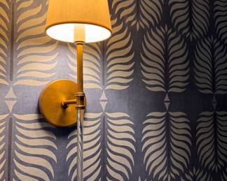 Visual Comfort Camille Sconce with Lucite & Brass - 2 Available. Measurements: Backplate: 4.5" Round. 5.5" W x 6.5" D x 19.5" L. 