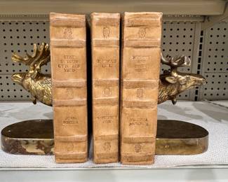 Brass Elk Bookends. Decorative Leather Books. 
