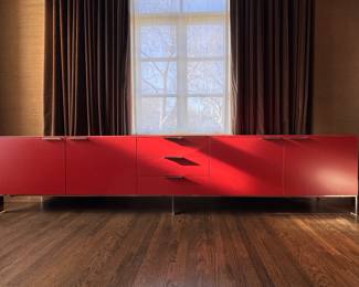 Hyama Red Lacquered Sideboard / Credenza / Console designed by Patricia Urquiola for Cassina. Measures 118" W x 18" D x 26" H. Photo 1 of 5. 