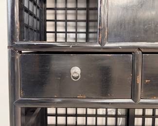 Antique Ebonized Wood Chinese Lattice Bookcase Fitted with TV Mount. Sourced from Golden Triangle. Lower Shelves Have Working Doors. Measures 75" W x 18" D x 88" H. Photo 3 of 4.