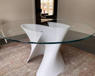 Xavier Lust White "S" Table. Measures 55" D x 28.5" H with 28" Clearance. Photo 2 of 5. 