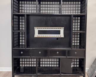 Antique Ebonized Wood Chinese Lattice Bookcase Fitted with TV Mount. Sourced from Golden Triangle. Lower Shelves Have Working Doors. Measures 75" W x 18" D x 88" H. Photo 1 of 4.