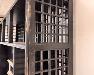 Antique Ebonized Wood Chinese Lattice Bookcase Fitted with TV Mount. Sourced from Golden Triangle. Lower Shelves Have Working Doors. Measures 75" W x 18" D x 88" H. Photo 2 of 4.