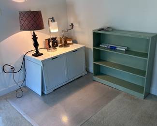 Bookshelf; hidden cat litter holder; lamps