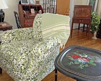 Traditional-style club or accent armchair, toleware tray table