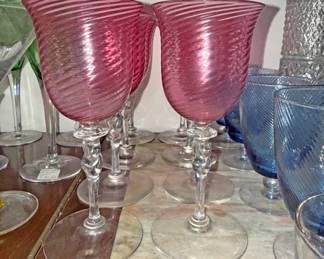 Steuben cranberry optic swirl twist stem goblets