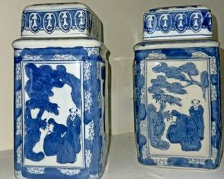 Vintage Chinese blue and white porcelain tea caddies