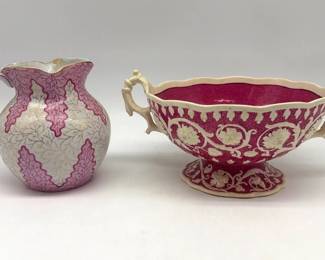 English fuchsia pink bowl, pink and white pitcher