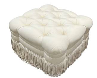 The Charles Stewart Collection tufted white ottoman with bullion fringe