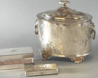 Silver plate match box cover, box, biscuit box