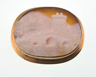 Rare cameo brooch of Scottish castle in silver frame