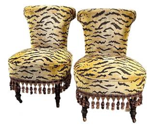 Pair of covered Scalamandre Tigre velvet slipper chairs; sold 2x the money
