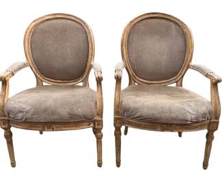  Pair of taupe covered velveteen French style open arm chairs