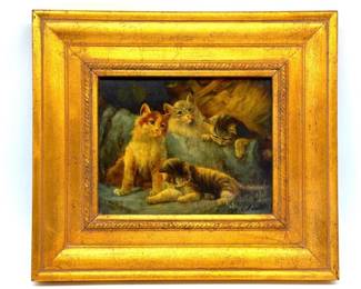 Framed painting of kittens signed Carson