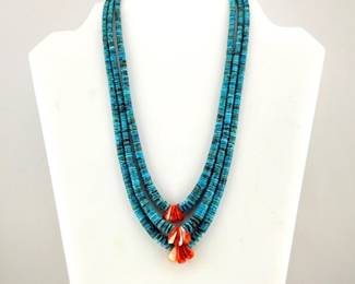 Native American three strand turquoise necklace with coral beads