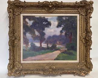 Handsome Impressionist landscape on board in Rococo style frame