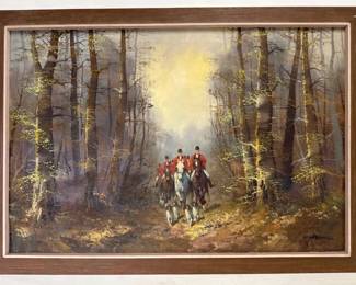 Signed German equestrian hunting painting by Ernst Wobek