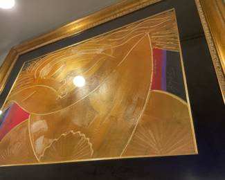 Gold, red, violet, and black framed face painting by Gaylord signed (44.5” x 58”) $1600 + tax