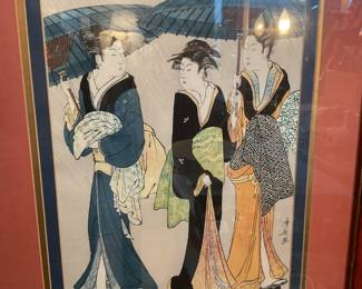 “Three Women Holding Umbrellas, Strolling in the Rain” Torii Kiyonaga woodblock print (17” x 22”) $160 + tax