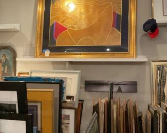 Gold, red, violet, and black framed face painting by Gaylord signed (44.5” x 58”) $1600 + tax