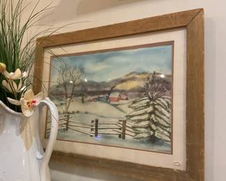 Winter farm scene watercolor framed (28” x 21”) $240 + tax