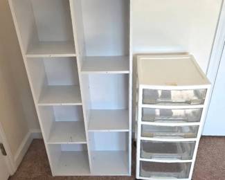 White Bookshelf And 6 Tier Clear Plastic Storage Organizer Cart