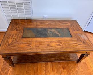 Beautiful Wooden Coffee Table W Slate Inlays Bottom Shelf