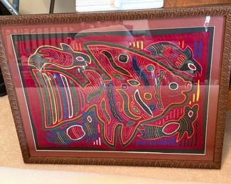 Vintage Guna Mola fish tapestry, Art. Framed. 