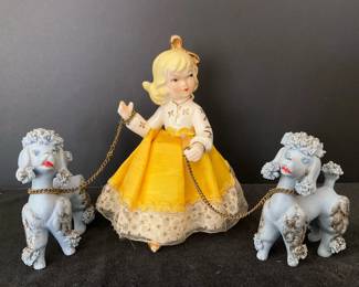 Vintage Porcelain Girl Walking Dogs 