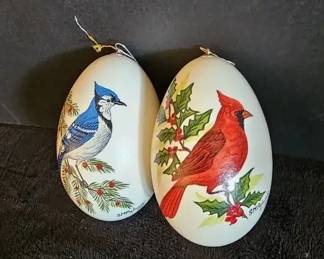 Two Large Hand Painted Eggs. Cardinal Blue Jay 