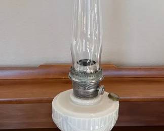 Milk Glass Oil Lamp with Tall Glass Chimney