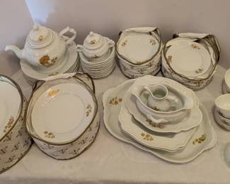 White China Dinnerware Set with Gold Flower Design 