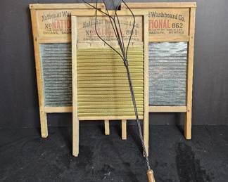 Two National Glass 1 Brass Washboards Plus Rug Beater
