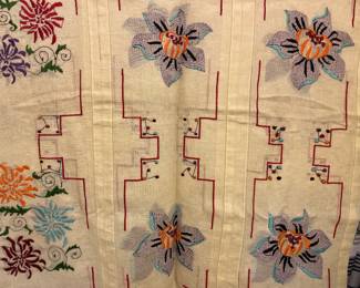 Amazing Art Deco Style, Hand-Embroidered, Large, Linen Table Cloth