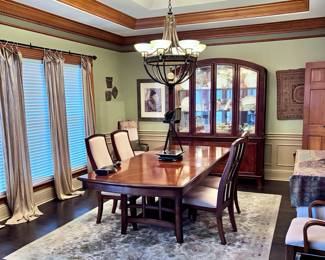 Dining Room Set, Table and Chairs, Illuminated Display Cabinet, Art and Area Rug