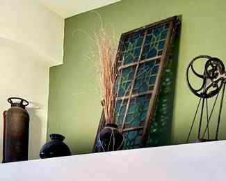 Antique Fire Extinguisher, Stained Glass and Antique Mechanical Butter Churn and Pottery