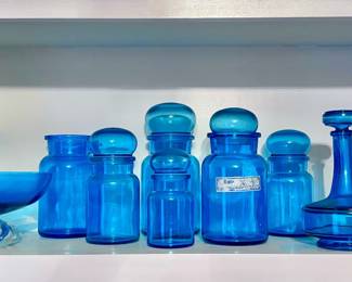 Vintage Blue Glass Apothecary Bottles, Glass Candy Dish and Vase