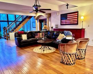 Leather Sectional, Vintage Traditional Mexican Equipale Chairs, Copper Top Coffee Table, 48 Star Flag and Home Décor 