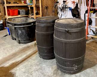 Plastic Wine Barrel  Water Storage, 100 Gallon Pond ( Located in building #2 on the property)