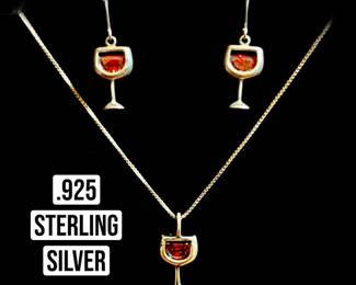 .925 Sterling Silver Wine Glass Necklace and Earrings / Jewelry
