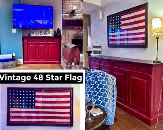 Red Console / Buffet and Cabinet, Flatscreen TV and Vintage Flag