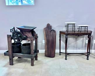 Antique Cider Press, Large Charcuterie Board, Antique Table and Serving Pieces