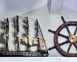 Vintage Ships Wheel and Model Ship 