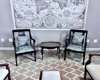 Antique Re-upholstered Armchairs and Serving Tray Table