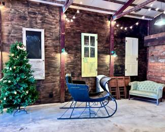 Antique Horse-Drawn Carriage Cutter Sleigh, Antique Doors, Sofa, Folding Chairs, and Christmas Tree