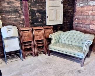 Newer and Vintage Folding Chairs and Tufted Sofa